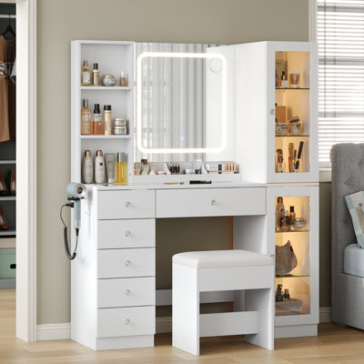 Coiffeuse de maquillage avec miroir à DEL et 2 armoires, bureau de coiffeuse à 6 tiroirs avec prise de courant, 3 modes de couleurs, luminosité réglable, plateau en verre et boîte de rangement, coiffeuse avec fauteuil pour chambre à coucher