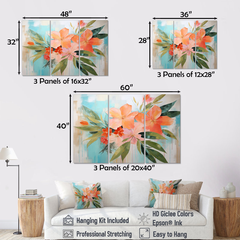 Art moderne moderne, fleurs tropicales roses et vertes - Collages abstraits, Toile tendue, H 28 po x l 36 po x P 1 po