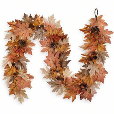 Artificial Fall Maple Leaf Garland, 70.87 Inch Autumn Hanging Vine with Pine Cones and Berries, Thanksgiving Harvest Decorative Greenery for Mantel, Arch, Wall, Stair Railings