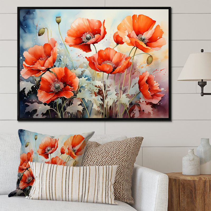«Red and Green Poppy Reverie II», art mural coquelicots, Cadre flottant noir, H 12 po x l 20 po x P 1 po