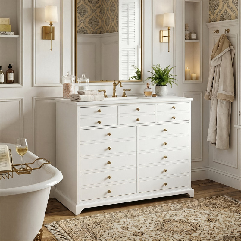 36" Solid Wood Frame Apothecary-Style Bathroom Vanity, Retro Grooved Cabinet With Ceramic Sink, 2 Drawers & 2 Doors (White / Black)