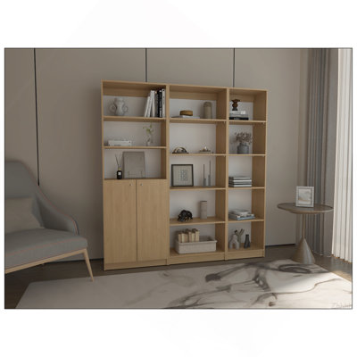Bookcase Set 3 Piece 71.1" H with Storage Cabinet, Tall Bookshelf Combination with Open Shelves and Door - Natural Oak
