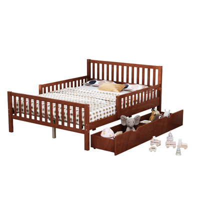 Full Size Wood Platform Bed In Walnut With Guardrails And Two Storage Drawers, Pinewood, 8 Slats For Balance Color Classic Straight - Line Headboard, Support