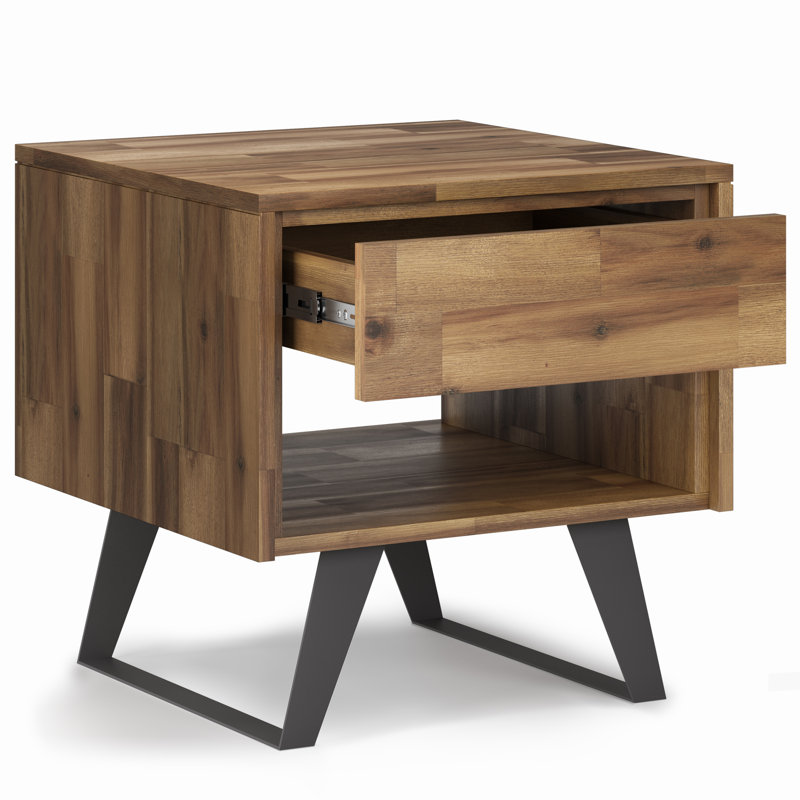 Lowry 22"W Solid Acacia Wood Modern Industrial Square End Table with Drawer, Open Shelf and Angled Legs