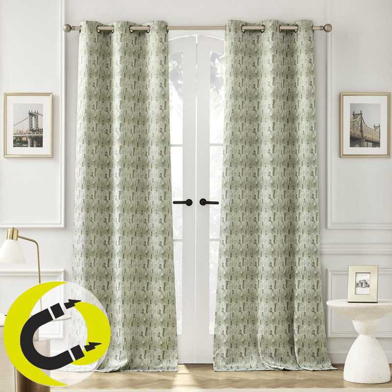 Vernon Monochrome Brushstrokes Magnetic Closure 100% Blackout Grommet Curtain Panel, Olive Green, 40" W X 84" L
