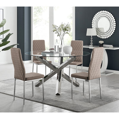 Vogo Modern Design Chrome and Glass Dining Table Set with 4 Quilted Faux Leather Dining Chairs