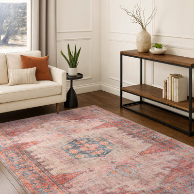Griffey Vintage Boho Machine Washable Red/Blue Non-Slip Backing Area Rug