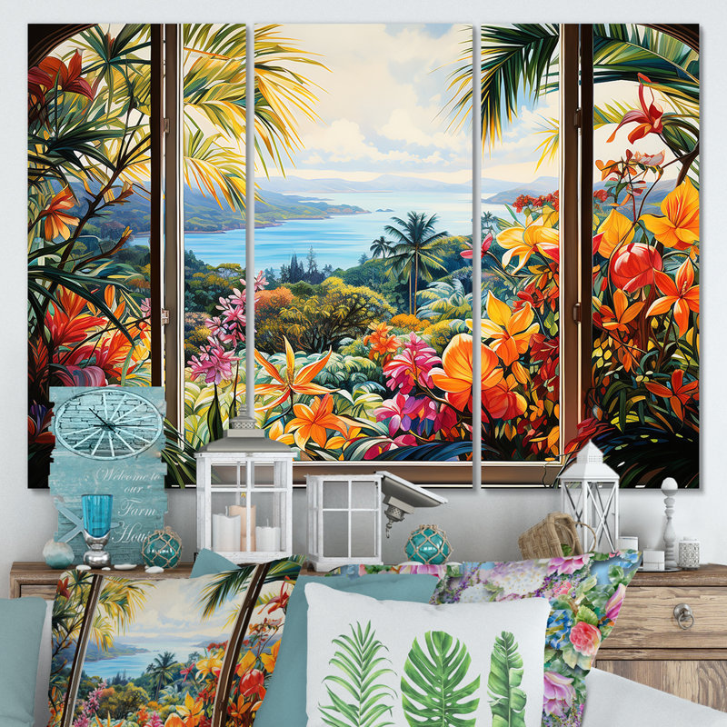 «Tropical Windows View Blooms 4 - Coastal Windows», art mural, H 28 po x l 36 po, Toile tendue