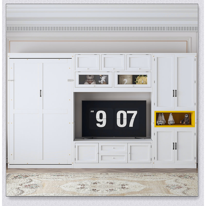 Wooden Murphy Bed With TV Stand, 2 Drawers, Shelves, And Cabinets, White