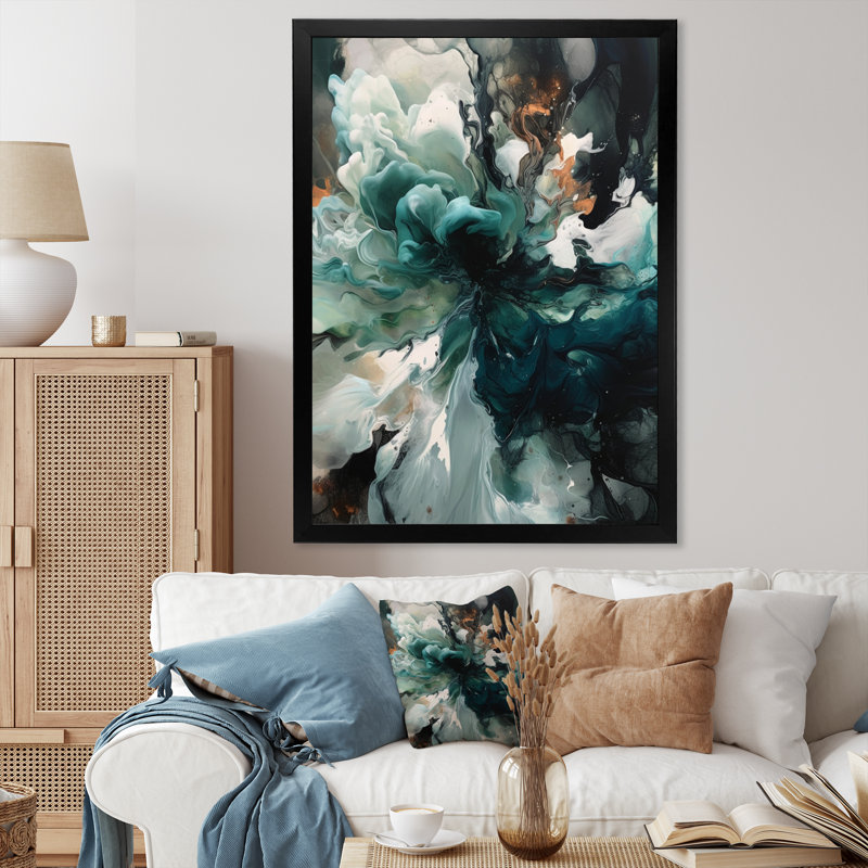 Art encadré sur toile vert et blanc marbré, Cadre photo noir, H 20 po x l 12 po x P 1 po