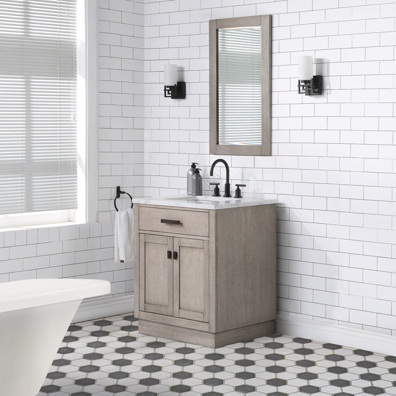 Chestnut 30" Carrara White Marble Countertop Bath Vanity with Mirror, Gray Oak
