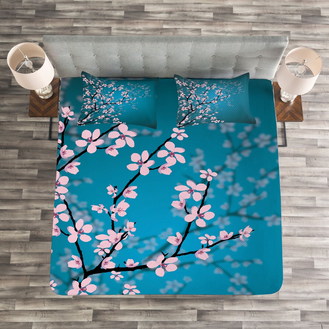 Gestepptes Bettdecken-Set, Sakura Bloom Muster, japanisch, Petrol Blau Hellrosa