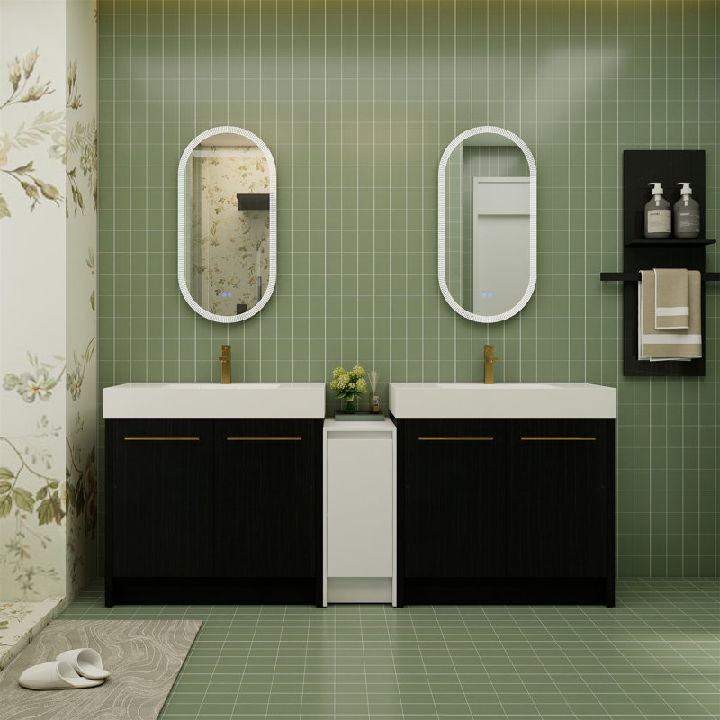 Meuble-lavabo autoportant avec lavabo en résine et armoires de rangement, 83"