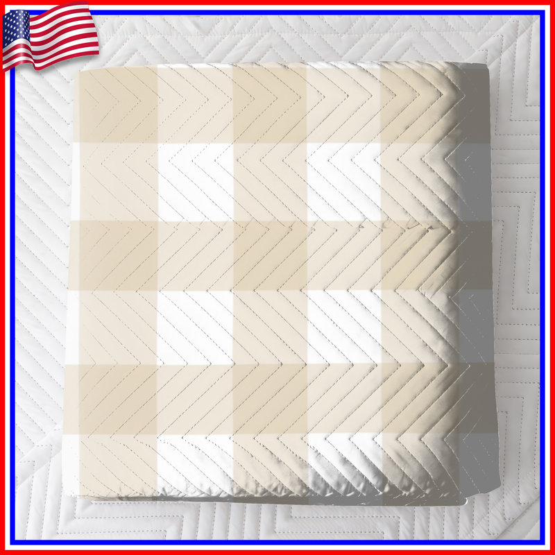Beige White Gingham Pattern Quilted Bedspread All Sizes, Full / Double