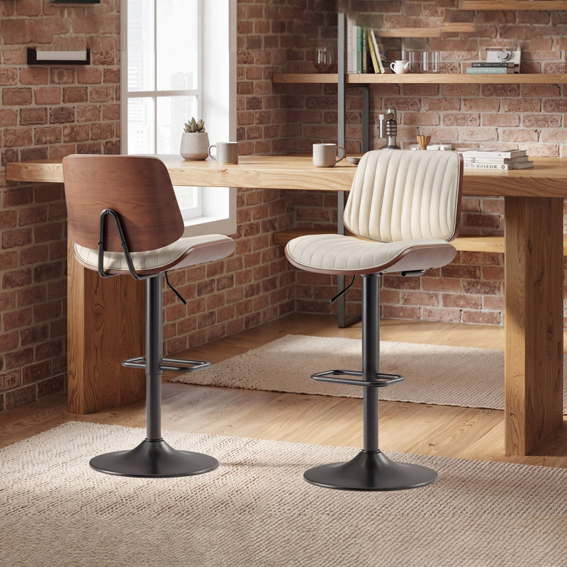Modern Swivel 26”H Barstool, Adjustable Height Counter Stool With Bentwood, Faux Leather Upholstered Bar Stool With Footrest For Bar, Kitchen, Dining Room