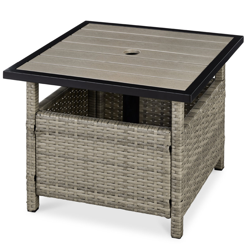  Wicker Rattan Patio Side Table Outdoor Furniture For Garden, Pool, Deck W/ Umbrella Hole - Taupe, Beige