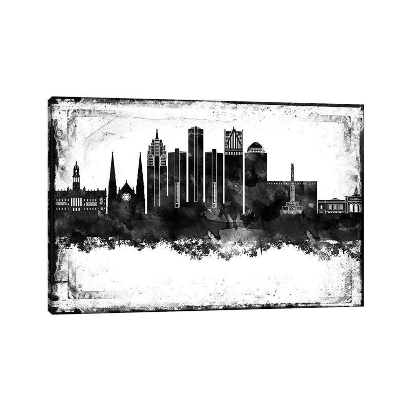 Detroit Black And White Framed Skylines - Wrapped Canvas Print, 66.04cm H x 101.6cm W