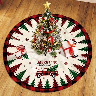 Buffalo Plaid Christmas Tree Skirt, 48 Inch Red And Black Xmas Tree Mat - Felt Farmhouse Holiday Decor For 7.5FT 7FT Artificial Tree, Indoor Outdoor Merry Christmas Sign