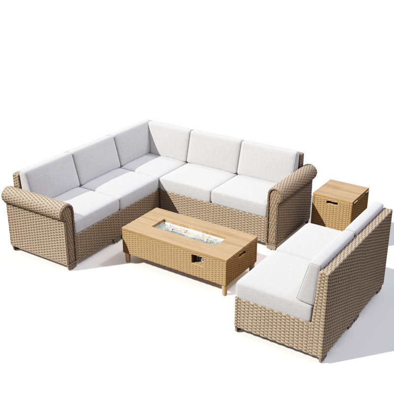 L Shape 7-Seat Outdoor Conversation Sofa Set With Fireplace, 3 Pcs: Fire Pit, Sectional, Side Table