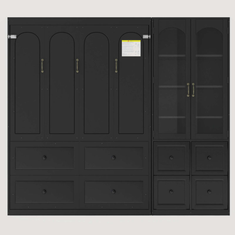 Lit escamotable avec armoire latérale réversible de gauche à droite, portes en acrylique, 4 tiroirs et armoires à tablettes de rangement multiples