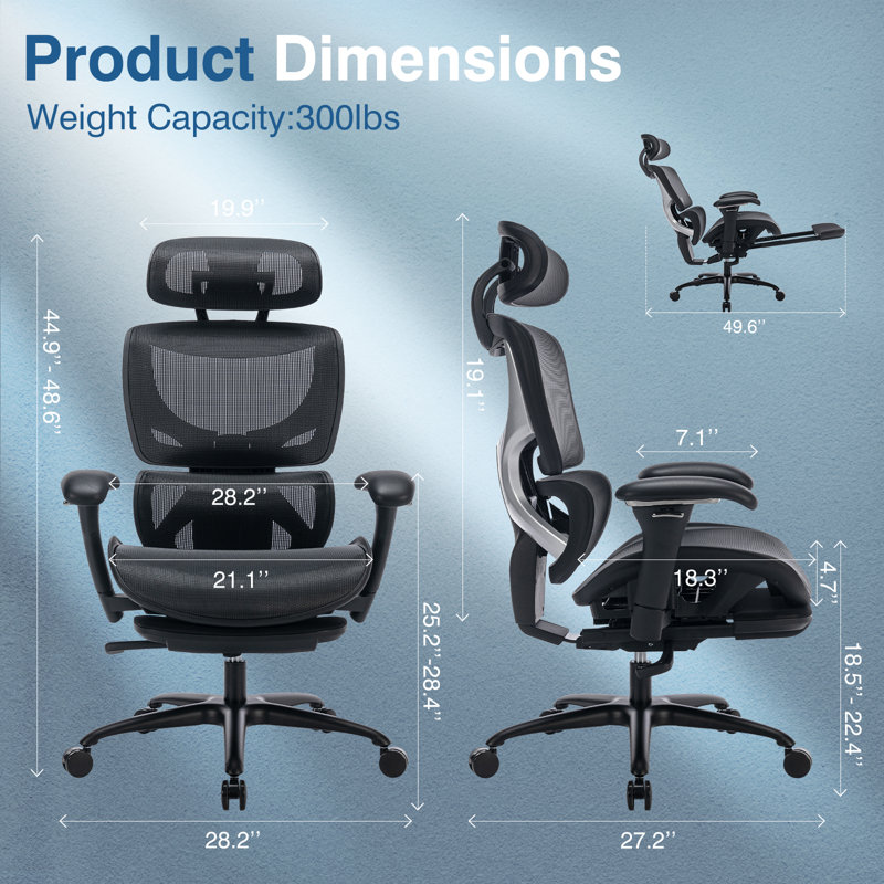  Ergonomic Full Mesh Office Chair with Adjustable Headrest, 3D Flip-up Armrests, Lumbar Support, and Tilt Lock, Retractable Footstool – Supports up to 300 lbs