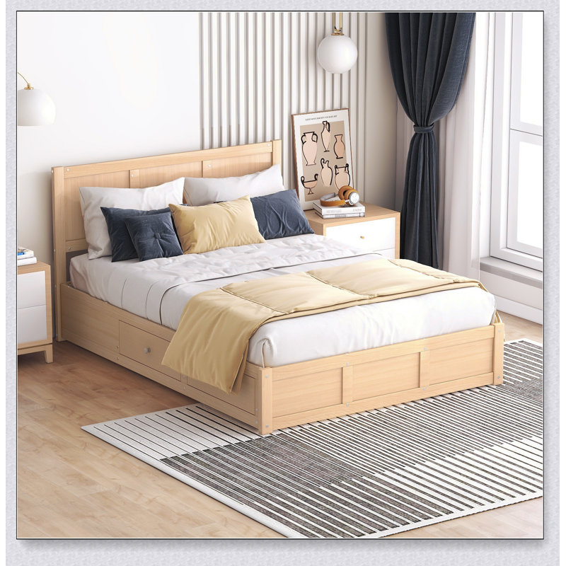 Lit plateforme en bois avec rangement inférieur et 2 tiroirs, parfait pour les chambres modernes et peu encombrantes.