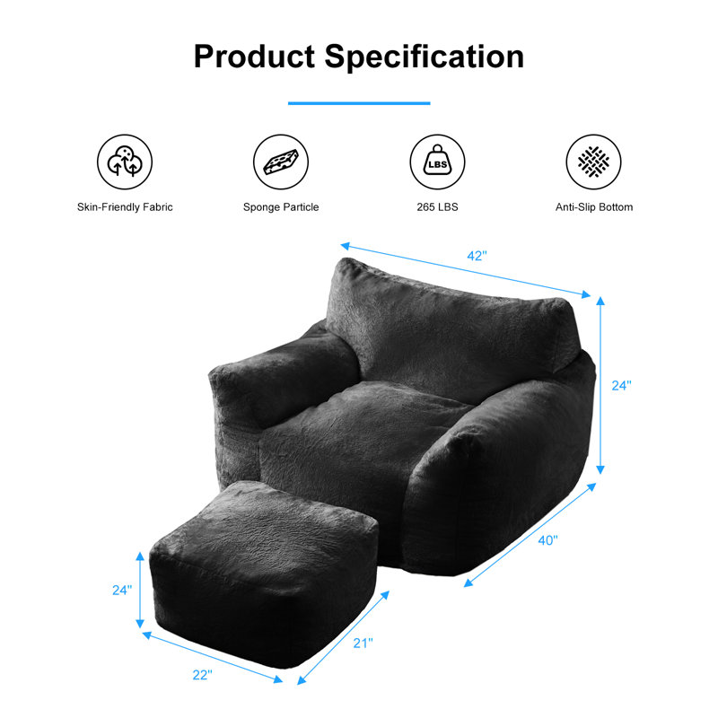 Oversized Bean Bag Chair with Ottoman & Armrests for Adults, Black