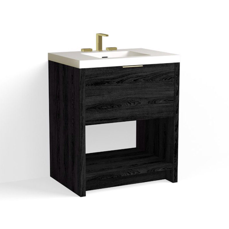 Vista 30" W Freestanding Single Bathroom Vanity, White Gloss, Single-Hole, White Nanomatte/Matte Black
