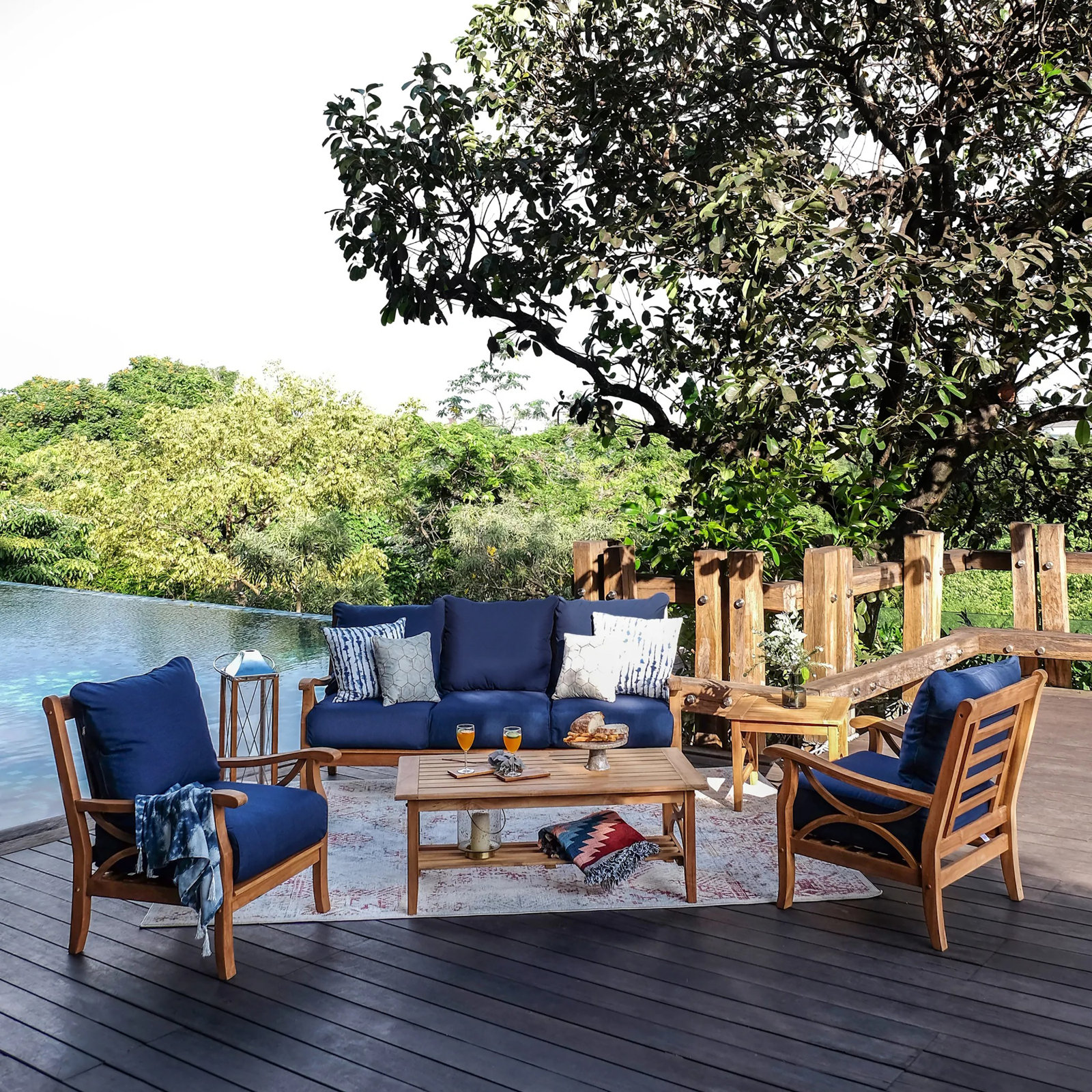 Brunswick 5-Person Teak Patio Seating Group, Navy Performance Olefin, Brown