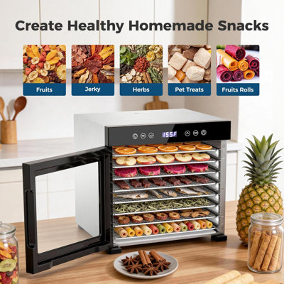 OSTBA Food Dehydrator, 8 Stainless Steel Trays, 95–165℉ Adjustable Temperature, 48h Digital Timer, Double-Layer Food Dryer, Recipe for Fruit, Vegetable, Jerky, Herb