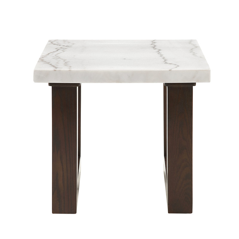 Table de bout en marbre blanc à finition rectangulaire, avec base double en U pour plateau et teinte naturel moderne, stable