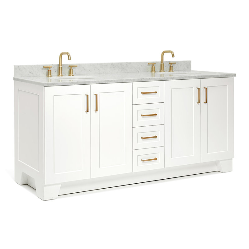 Nobe 73'' Solid Wood Double Bathroom Vanity in White with 0.75'' Carrara Marble Top, Center, Oval Sink, White, Oval, 73"