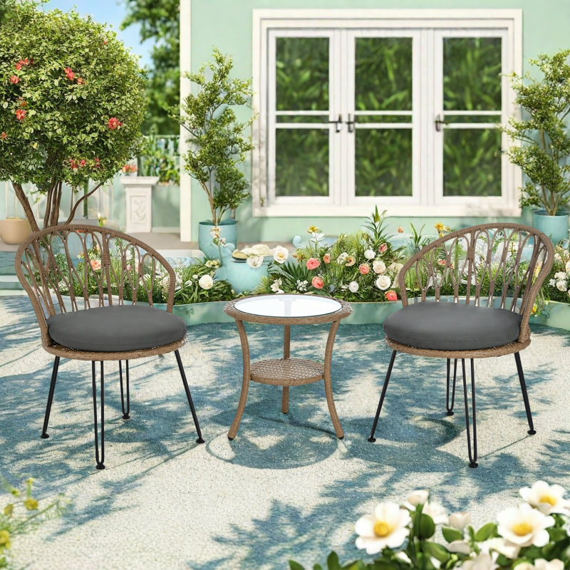 Verdiva Outdoor Leisure Conversation Set With 2 Rattan Chairs And Glass Table, Natural, Gray