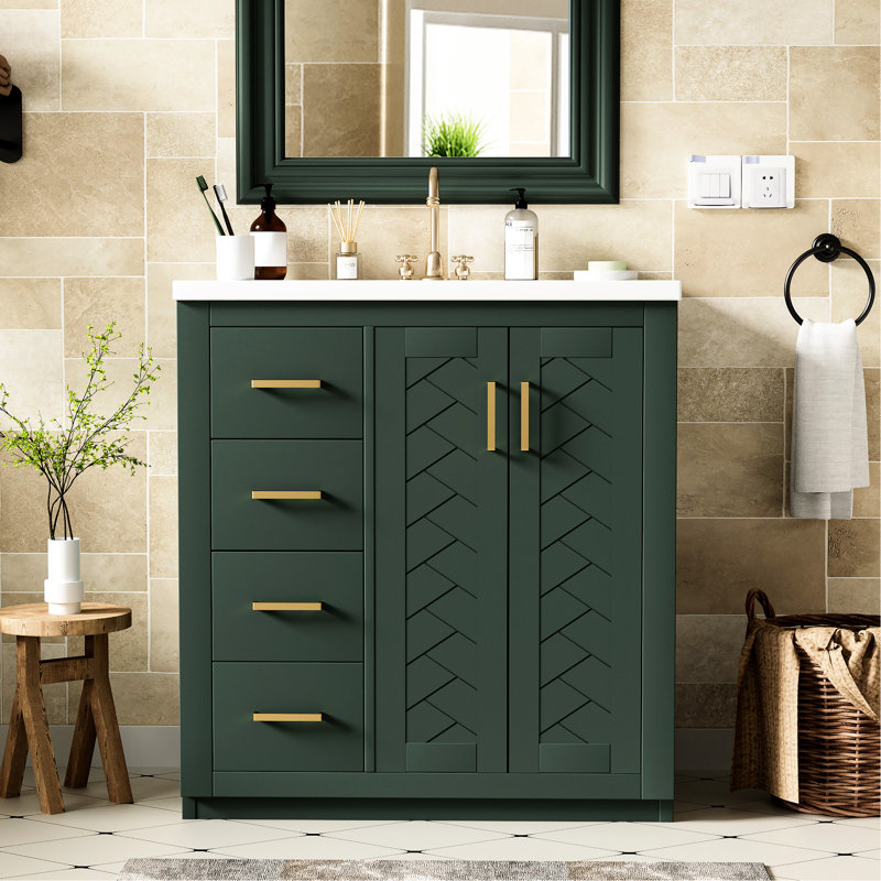 Meuble-lavabo de 76 cm avec lavabo en céramique - Structure en bois massif et design moderne - Finition imitant l'aspect réel de la vasque