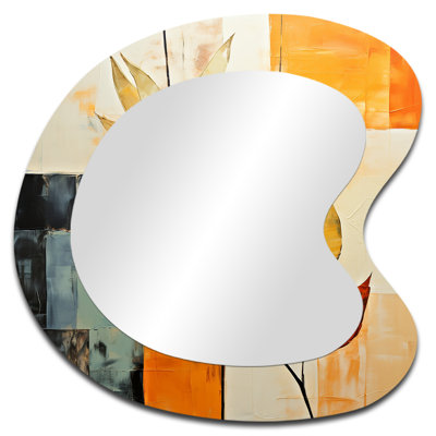 Figueredo abstrait abricot feuilles collage I - miroir asymétrique de feuilles, miroir mural décoratif de forme unique orange, impression d'art en métal