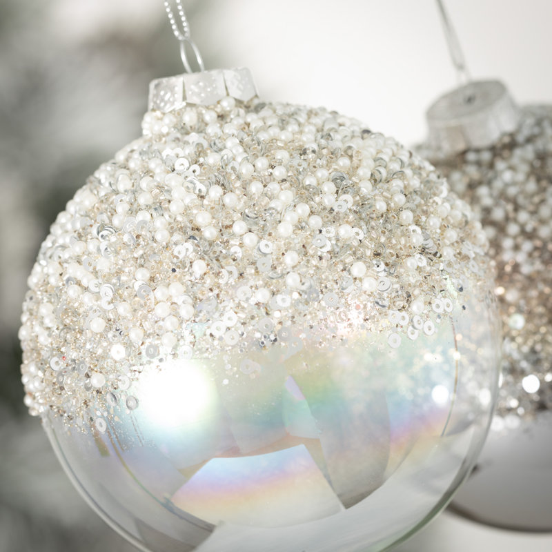 4"H Glitter Ball Ornaments; Silver Christmas Ornaments