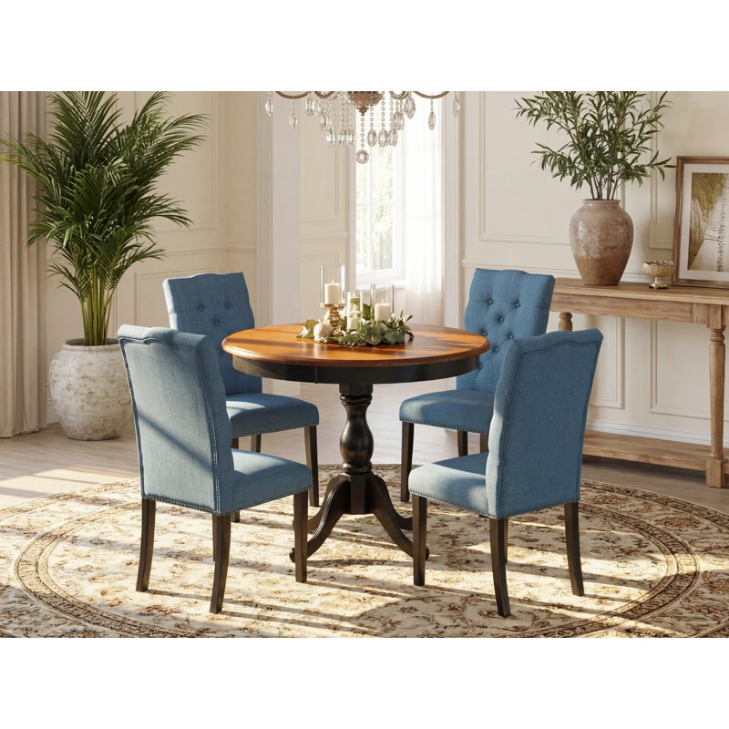 Ensemble de table de salle à manger 5 pièces comprenant une table ronde et 4 chaises de cuisine en tissu de lin bleu avec dossier capitonné - Finition noire