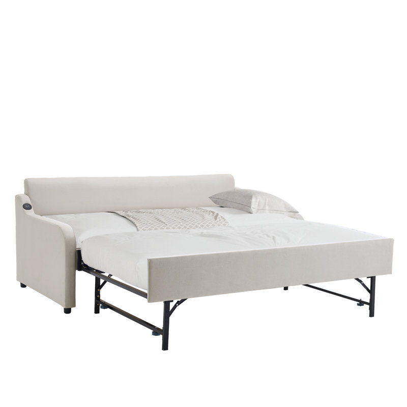 Upholstery Twin Daybed With Trundle & USB Port, Linen Beige