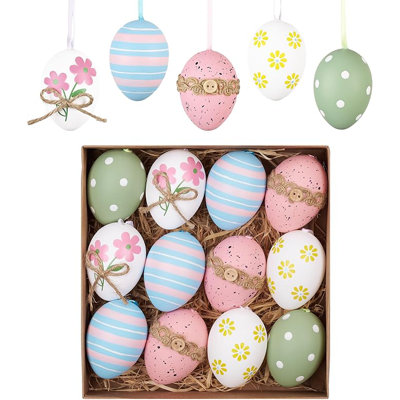 Décoration pour œuf de Pâques Valery Madelyn, 12CT 2,36 pouces, ensemble d'ornement d'arbre de Pâques incassable coloré, panier de pâques rose vert assorti avec œufs suspendus en vrac pour les fêtes du printemps
