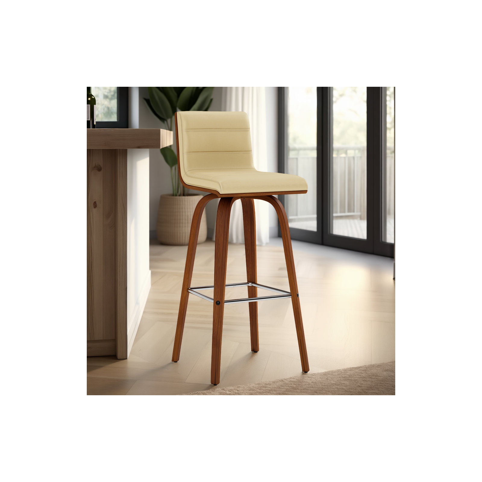 Biance Solid Wood Swivel Bar & Counter Stool, Bar Stool (30" Seat Height), Creme Faux Leather, Walnut