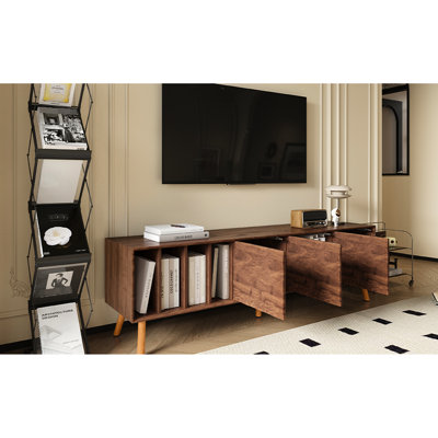 Meuble audio-vidéo Mid-Century moderne, meuble télé 70 po, pieds en bois massif, noyer, espace de rangement suffisant pour console multimédia, meuble avec salon supplémentaire