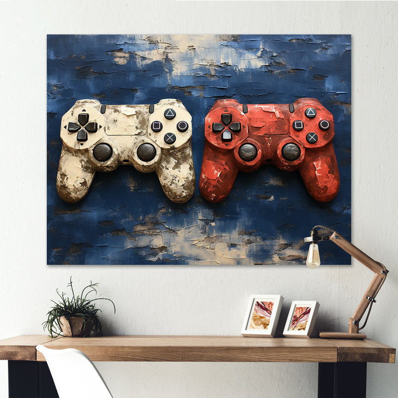 White and Red Ps Video Game Controllers - Art mural de jeux vidéo, H 30 po x l 40 po x P 1,5 po, Toile tendue