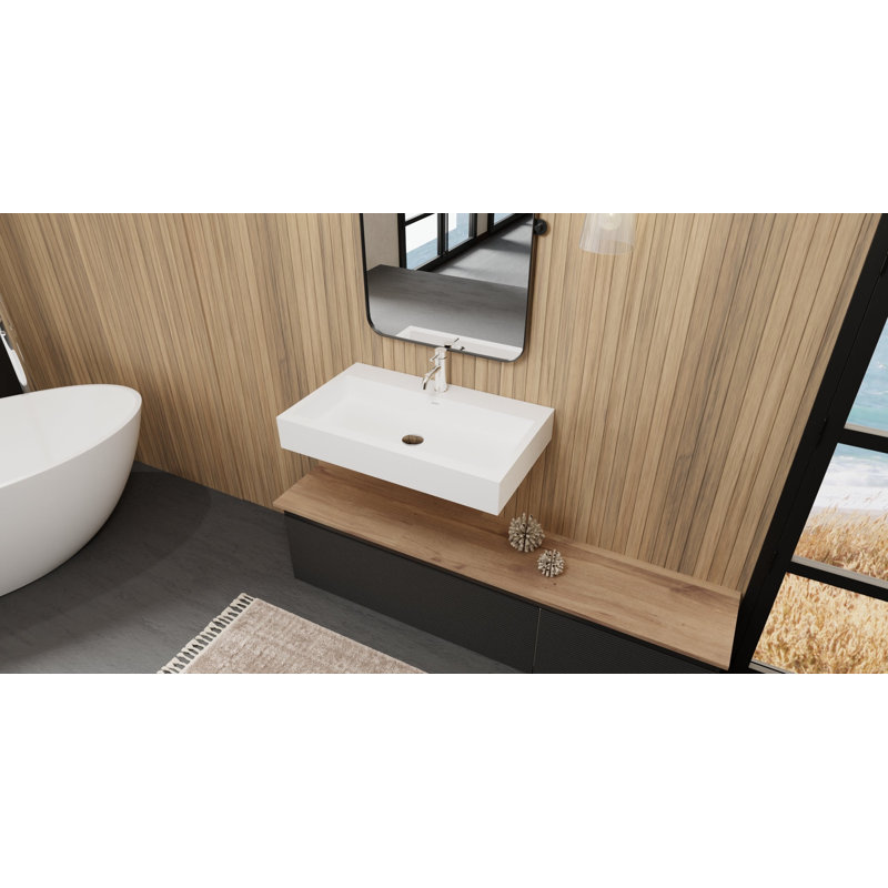 Badeloft 31.4" x 18.8" Rectangular Stone Resin Wall Mounted Bathroom Sink with Overflow WT-06-L-G in Glossy White