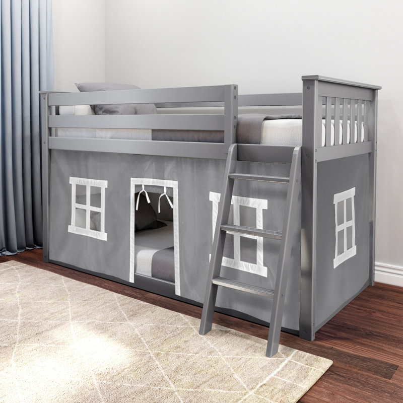 Mendelson Kids Low Bunk Bed with Curtain, Blue, Gray