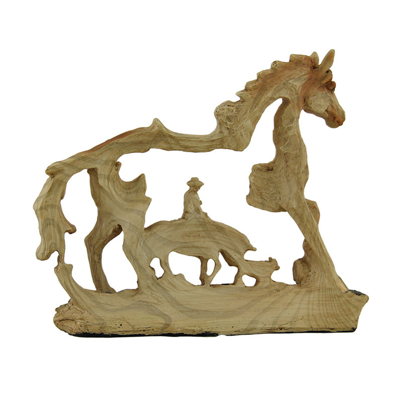 Statue de cowboy de style moniz rustique en résine peinte à la main sur un cheval de veau ajouré, faux grain de bois brun - L 7 po x l 1,5 po x H 5,5 po