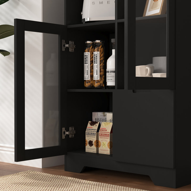 Armoire polyvalente peinte en MDF noir avec portes en verre, tiroir et rangement ouvert - pour la chambre à coucher et le salon