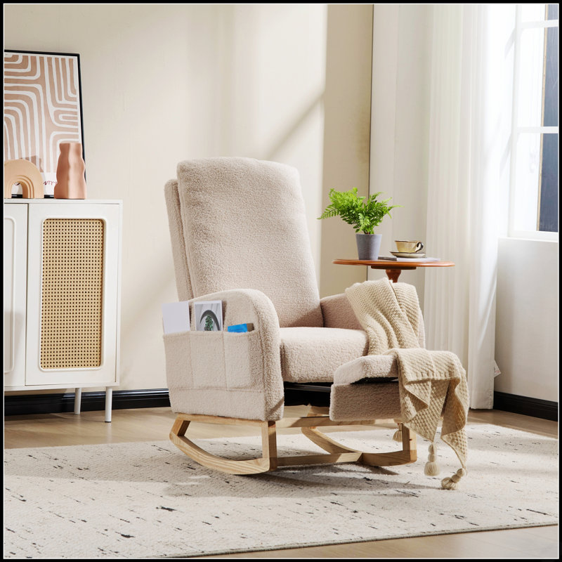 Chaise berçante moderne avec pieds en bois massif, fauteuil oscillant rembourré avec poche latérale et repose-pieds, dossier haut pour un confort ultime