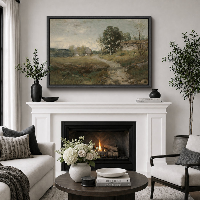 «Rustic Countryside», campagne de campagne, H 24 po x l 36 po, Cadre flottant noir