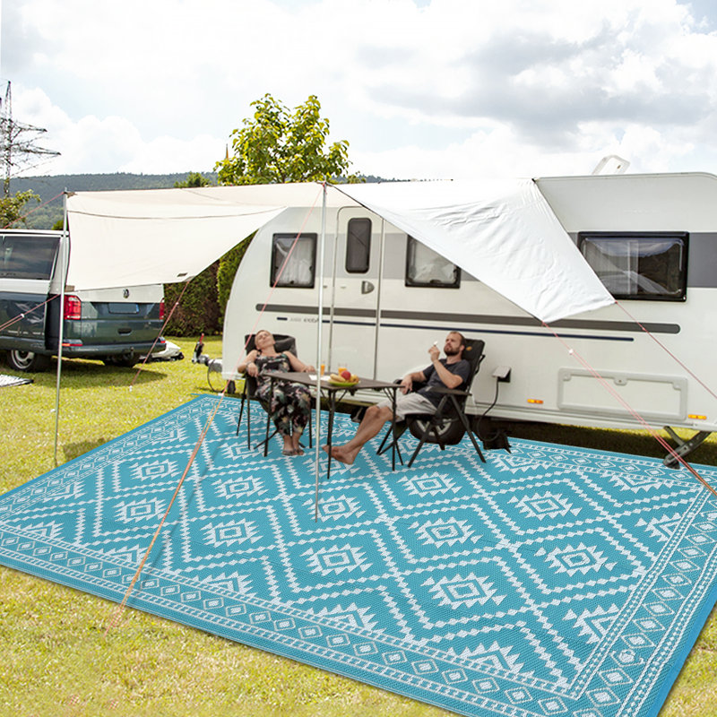 Tapis d'extérieur imperméable et réversible en plastique pour terrasse, tapis facile à nettoyer, Bleu, Rectangle 9 pi x 12 pi