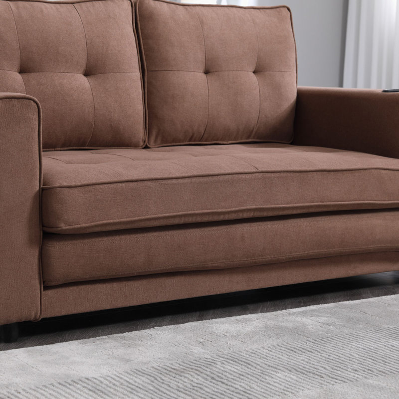  Upholstered Tufted Folding Loveseat Sofa Bed with Cup Holders & Side Pockets, Brown